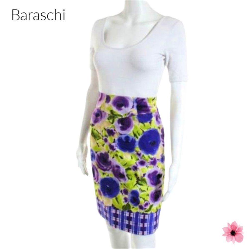 Anthropologie Baraschi Multi Floral Plaid Pencil Skirt Size 0 - Picture 2 of 9